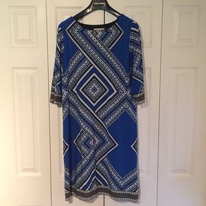 Blue geometric dress. Size 14. Polyester material.